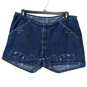 Jordache Vintage Blue Embroidered Hem Flat Front Denim Jean Shorts Size Approx
